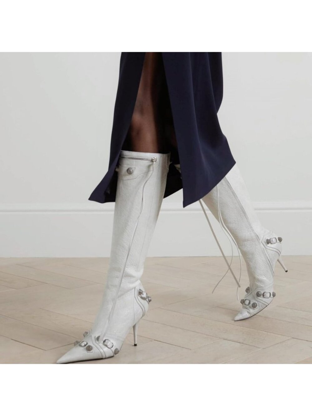 Women's White Stiletto Knee High Boots Pointed Toe Boot High Heel Boots Zipper - Picture 2 of 6